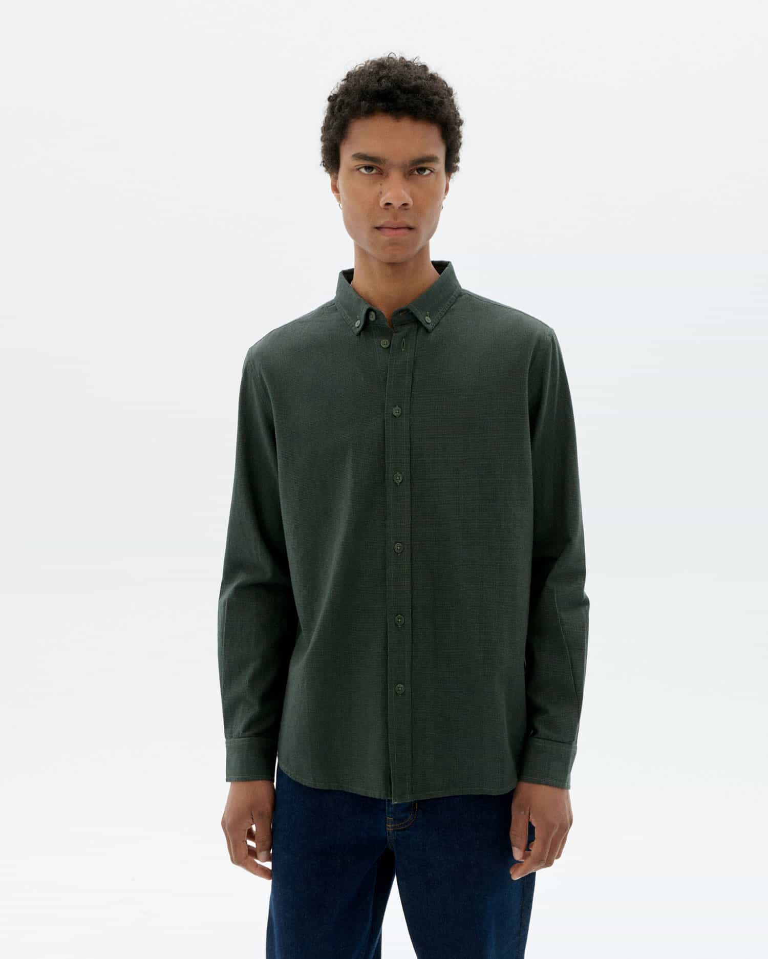 thinking mu homme chemise microchecks ant vert fonce coton bio l armoire poethique  1 