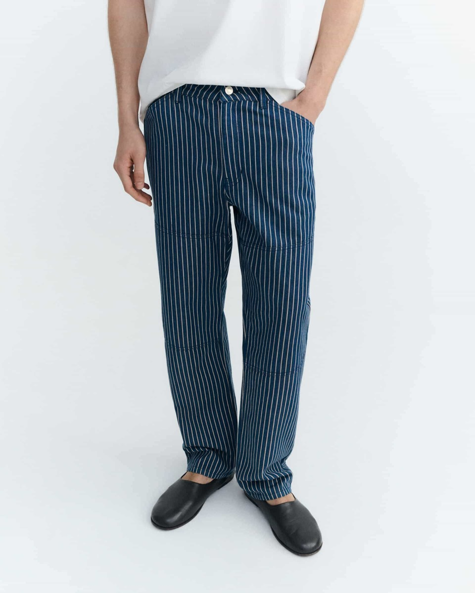 thinking mu homme pantalon railway stripes stan bleu coton bio l armoire poethique  1 