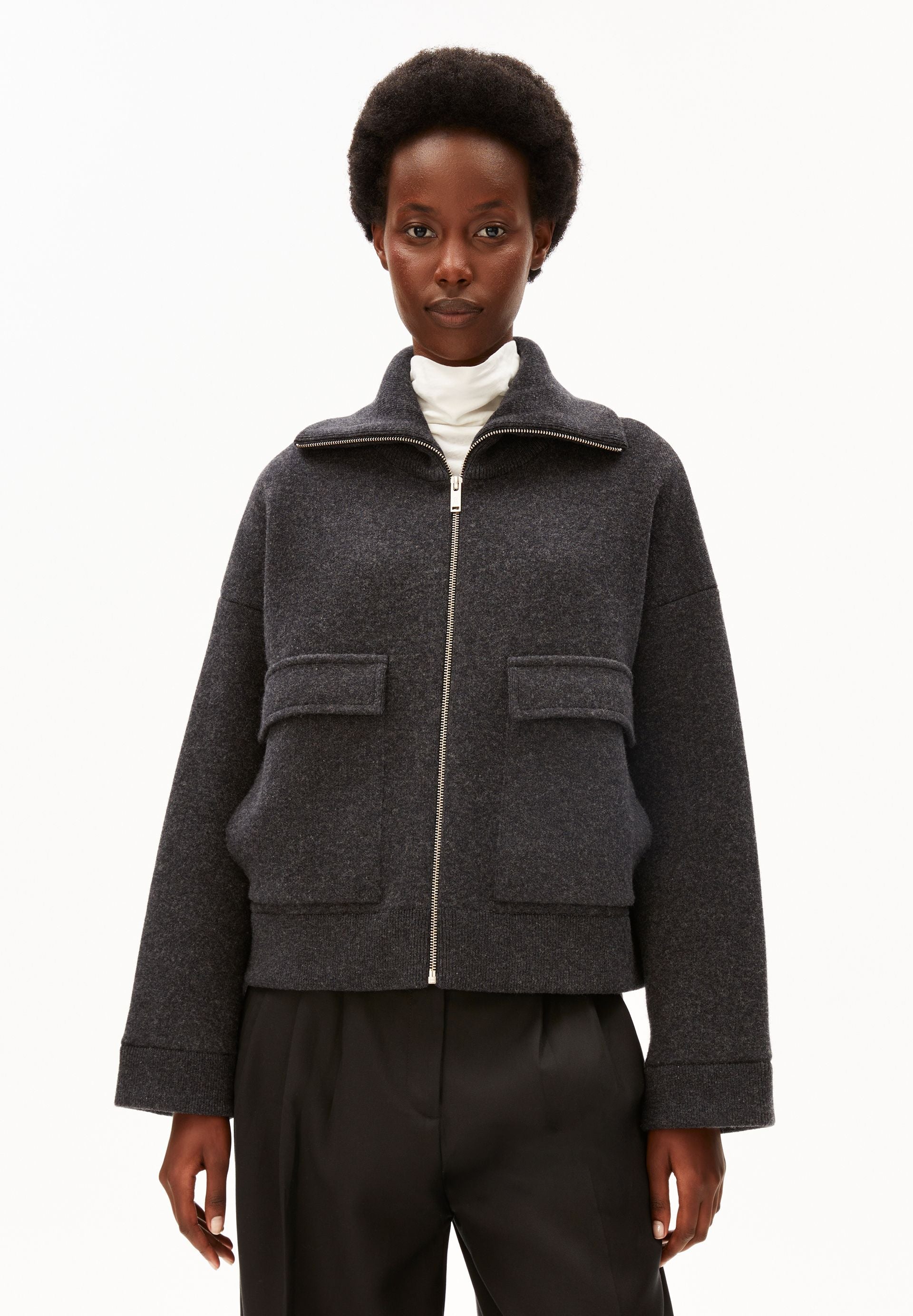 veste zippe en coton bio et laine bio  gris anthracite armedangels femme veste laine gris anthracite l armoire poethique 1